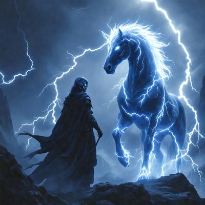 The primary subject of the image is a man standing next to a blue horse. The man is wearing a black robe, and the horse appears to be glowing with a blue light. The setting is a rocky landscape, and the visual style is a digital art or illustration. The dominant colors in the image are blue and black, creating a dramatic and mysterious atmosphere.